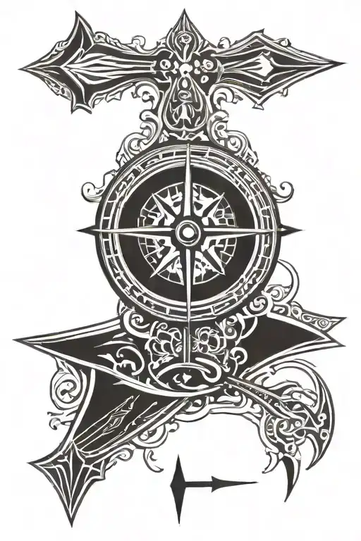 antique pocket compass pointing north and the pointer extends beyond the compass and turns into a long arrow  tattoo design idea
