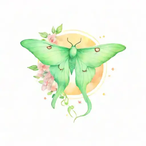 luna moth in the night sky with rising moon and fireflies tattoo design idea