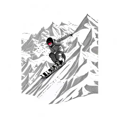 A snowboarder carving through a mountain landscape tattoo design idea