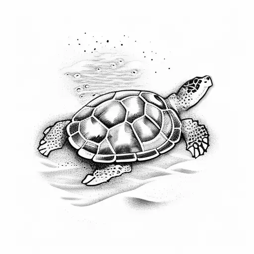A serene beach scene with palm trees, waves, and a turtle enjoying the sun tattoo design idea