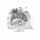 A serene beach scene with palm trees, waves, and a turtle enjoying the sun tattoo design idea