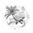 A serene beach scene with palm trees, waves, and a turtle enjoying the sun tattoo design idea