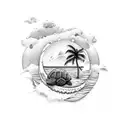 A serene beach scene with palm trees, waves, and a turtle enjoying the sun tattoo design idea