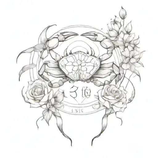 zodiac crab, 6/21/24 date in roman numerals, and rose and honeysuckle flowers tattoo design idea