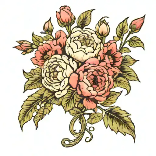 A bouquet of peonies, poppies, carnations, ranunculuses, and magnolias intertwined with vines and leaves tattoo design idea