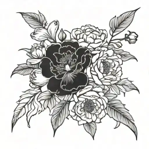 A bouquet of peonies, poppies, carnations, ranunculuses, and magnolias intertwined with vines and leaves tattoo design idea