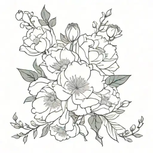A bouquet of peonies, poppies, carnations, ranunculuses, and magnolias intertwined with vines and leaves tattoo design idea
