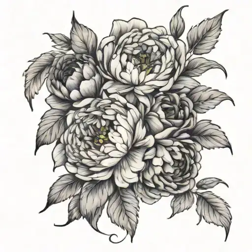 A bouquet of peonies, poppies, carnations, ranunculuses, and magnolias intertwined with vines and leaves tattoo design idea