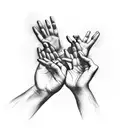 A surreal composition of hands reaching towards the sky, each finger adorned with a different flower representing the bond between family and nature tattoo design idea