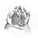 A surreal composition of hands reaching towards the sky, each finger adorned with a different flower representing the bond between family and nature tattoo design idea