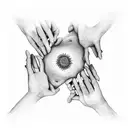 A surreal composition of hands reaching towards the sky, each finger adorned with a different flower representing the bond between family and nature tattoo design idea