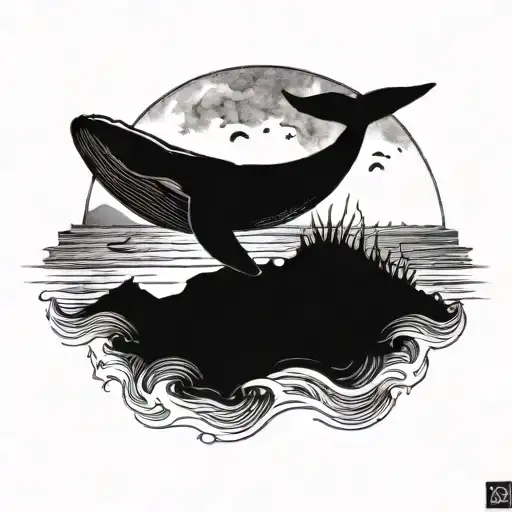 A serene beach scene with a whale breaching out of the ocean under a full moon tattoo design idea