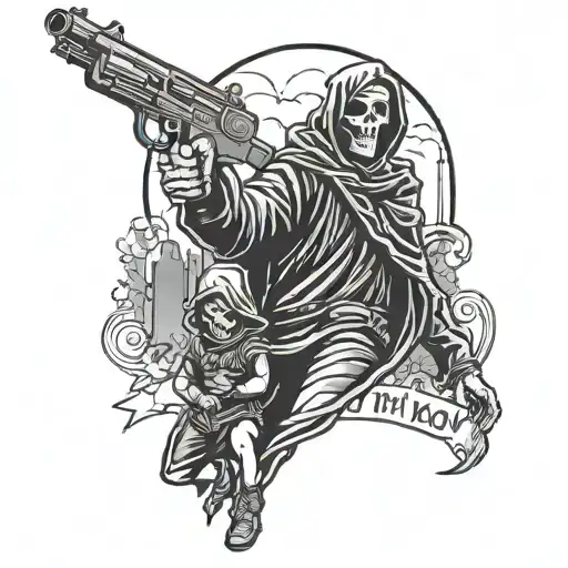 words saying my mama baby and a grim reaper holding a gun and a dallas skyline background  tattoo design idea