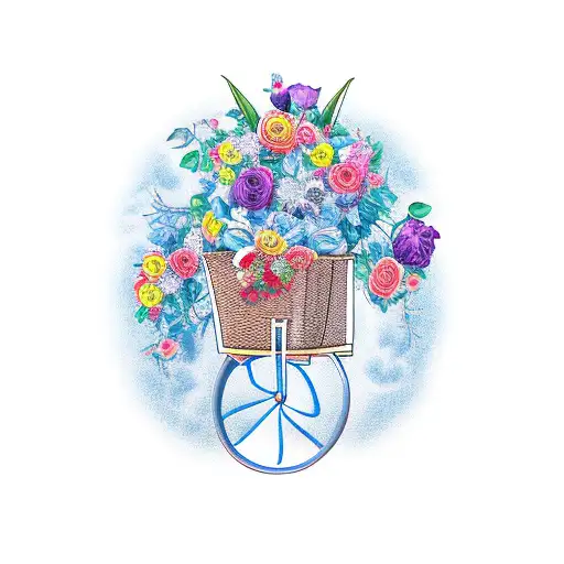 Bicycle that has a basket filled with red Roses and a blue iris tattoo design idea