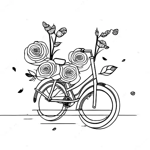 Bicylce with basket filled with Red roses and a single Blue Iris tattoo design idea