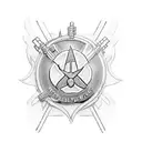 A collage tattoo incorporating elements of backpacking gear, USMC symbols, and family portraits, all tied together with motifs of sacrifice and salvation tattoo design idea