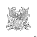 A collage tattoo incorporating elements of backpacking gear, USMC symbols, and family portraits, all tied together with motifs of sacrifice and salvation tattoo design idea