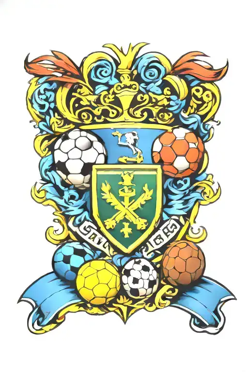 An intricate new-school design of a family crest incorporating elements of cars and soccer balls, symbolizing the client's love for both family and their hobbies tattoo design idea