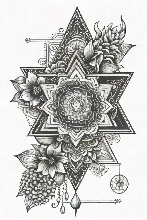 mandala with lotus flower, moon, triangle, hanging beads on front thigh tattoo design idea
