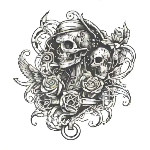 A hauntingly beautiful tattoo design inspired by sad movies, incorporating military elements and music symbols tattoo design idea