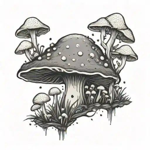 A design featuring a lone figure surrounded by mushrooms, symbolizing solitude and introspection tattoo design idea