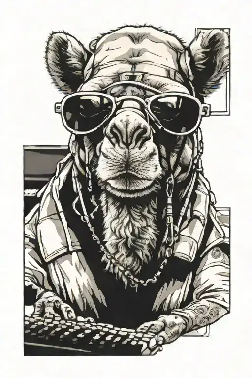 camel badass with sunglasses neckless, typing on keyboard tattoo design idea