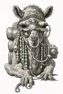 badass camel wearing sunglasses and neckless, typing in computer keyboard tattoo design idea