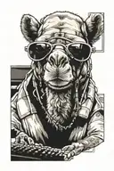 camel badass with sunglasses neckless, typing on keyboard tattoo design idea