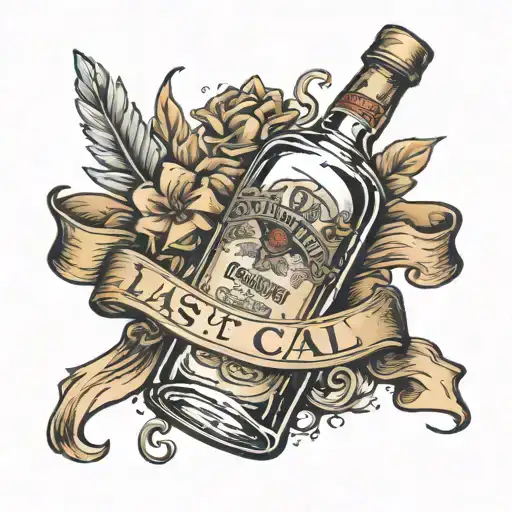 vodka bottle with ribbon that says "Last Call" date 3•25•24 below tattoo design idea