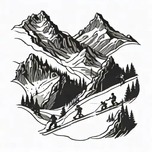 A ski slope winding through a mountain range with four figures skiing together, representing your family of 4 tattoo design idea