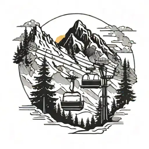 A ski lift ascending towards the sun, with four skiers riding it together, symbolizing your family's unity and strength tattoo design idea