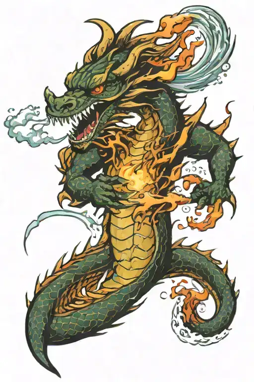 A dragon with a fireball firing from his mouth facing off against a sea monster with a water blast  tattoo design idea