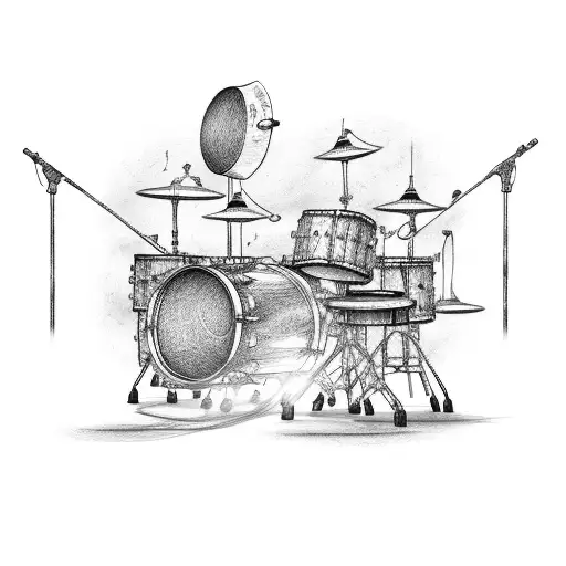 an electric guitar with a snare drum on the base and on the snare drum there are drum sticks tattoo design idea