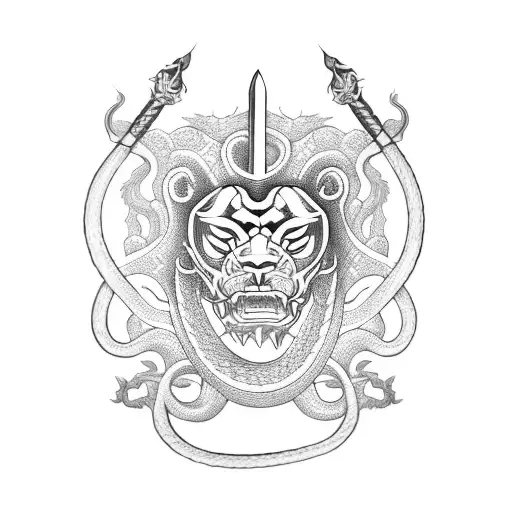 Sword with a snake wrapped around it with three heads: a lion, a dragon and a snake tattoo design idea