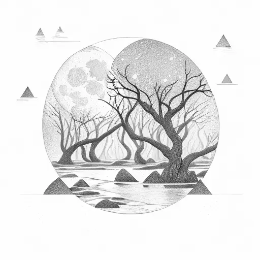 A winding river flowing through a dense forest with a full moon shining above tattoo design idea