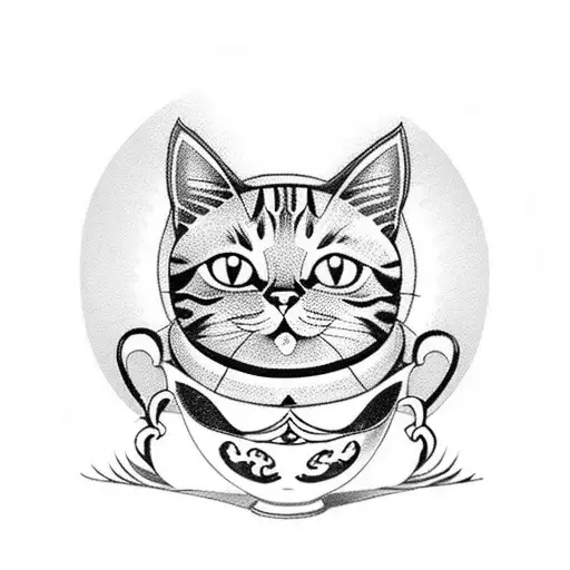 A traditional-style tattoo featuring a cat wrapped in a Russian nesting doll pattern, holding a teacup and saucer tattoo design idea
