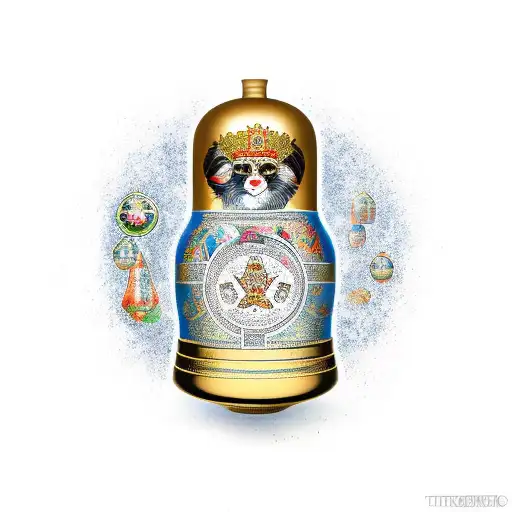 A Russian nesting doll adorned with tarot symbols and surrounded by tea leaves tattoo design idea