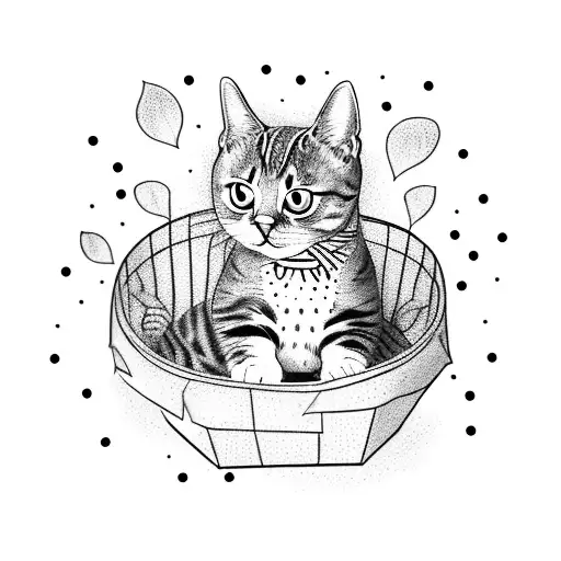 A dotwork tattoo of a cat sitting inside a box decorated with travel stickers, representing the client's love for cats and their wanderlust. tattoo design idea