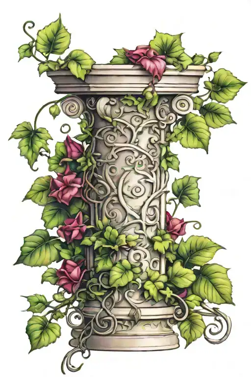 of broken column and ivy vines tattoo design idea