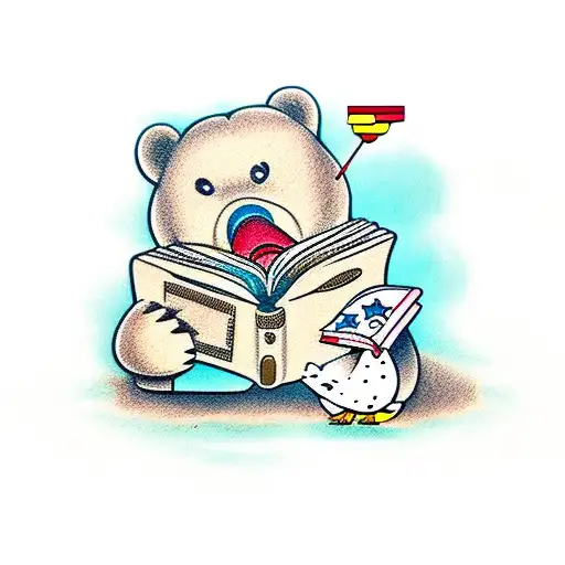 rubber duck with pin up bear  reading a book tattoo design idea