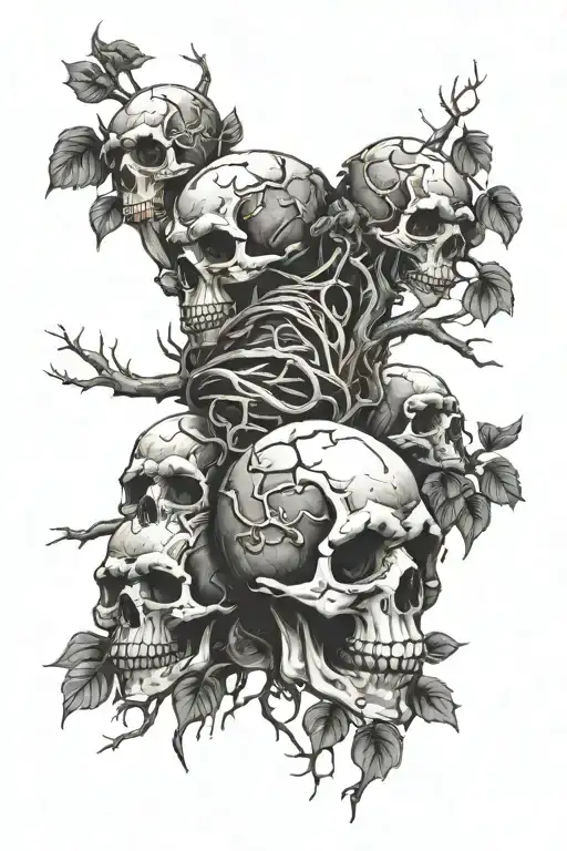 pile of dirty skulls with tree branches going throughout on fire   tattoo design idea