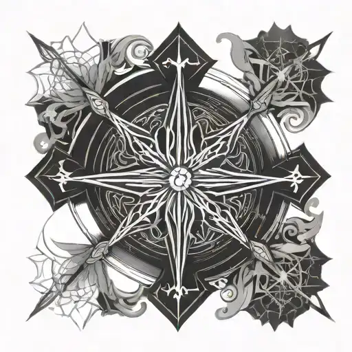 a large black Catholic cross superimposed in the center of a compass rose tattoo design idea