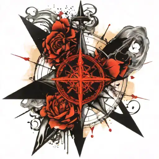a large black Catholic cross superimposed in the center of a compass rose tattoo design idea