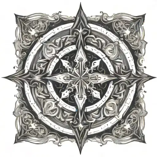 very large black Catholic cross superimposed in the center of a compass rose tattoo design idea