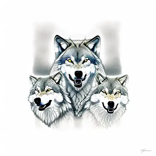 A pack of 3 wolves. The father stands in front looks pissed off and shows his teeth. the mother behind and the little wo tattoo design idea