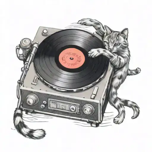 cat and vinyl record spinning records tattoo design idea