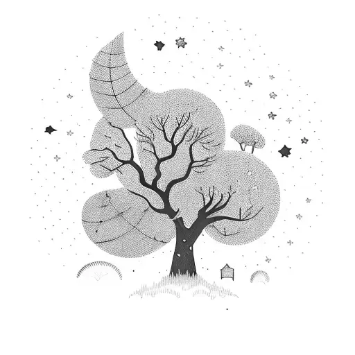 A whimsical scene of your son exploring a magical forest filled with towering trees and twinkling stars tattoo design idea