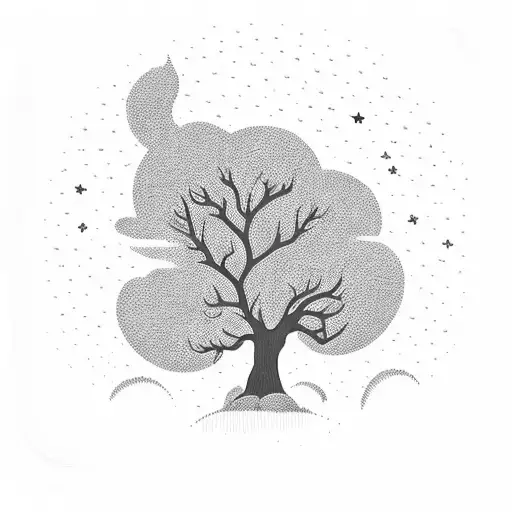 A whimsical scene of your son exploring a magical forest filled with towering trees and twinkling stars tattoo design idea