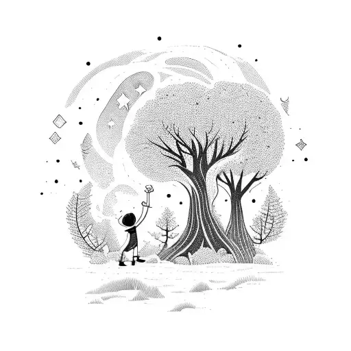 A whimsical scene of your son exploring a magical forest filled with towering trees and twinkling stars tattoo design idea