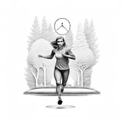 A dotwork tattoo of a jogger sprinting through a forest, with Renaissance-inspired elements like angels and classical architecture surrounding the scene tattoo design idea
